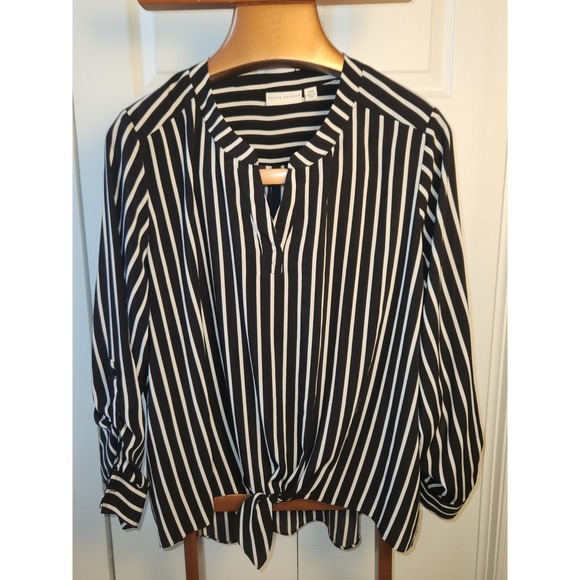 Susan Graver Tops - Susan Graver‎ Black White Striped V Neck Blouse Front Hem Tie Size 20W